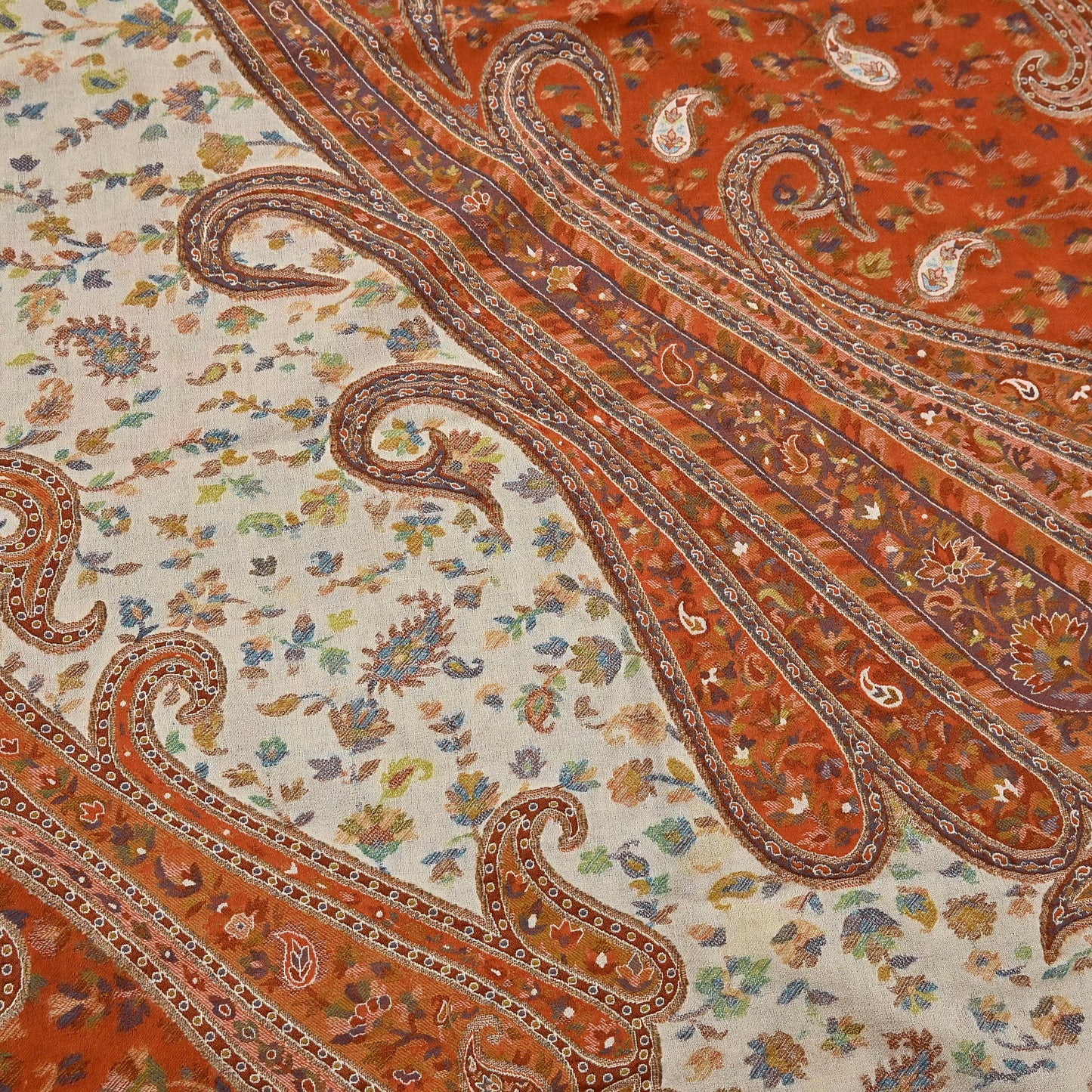 Indian Vintage Cream & Orange Pure Woolen Shawl Handmade Woven Jamawar Work Long Throw Stole Warm Paisley Design Soft