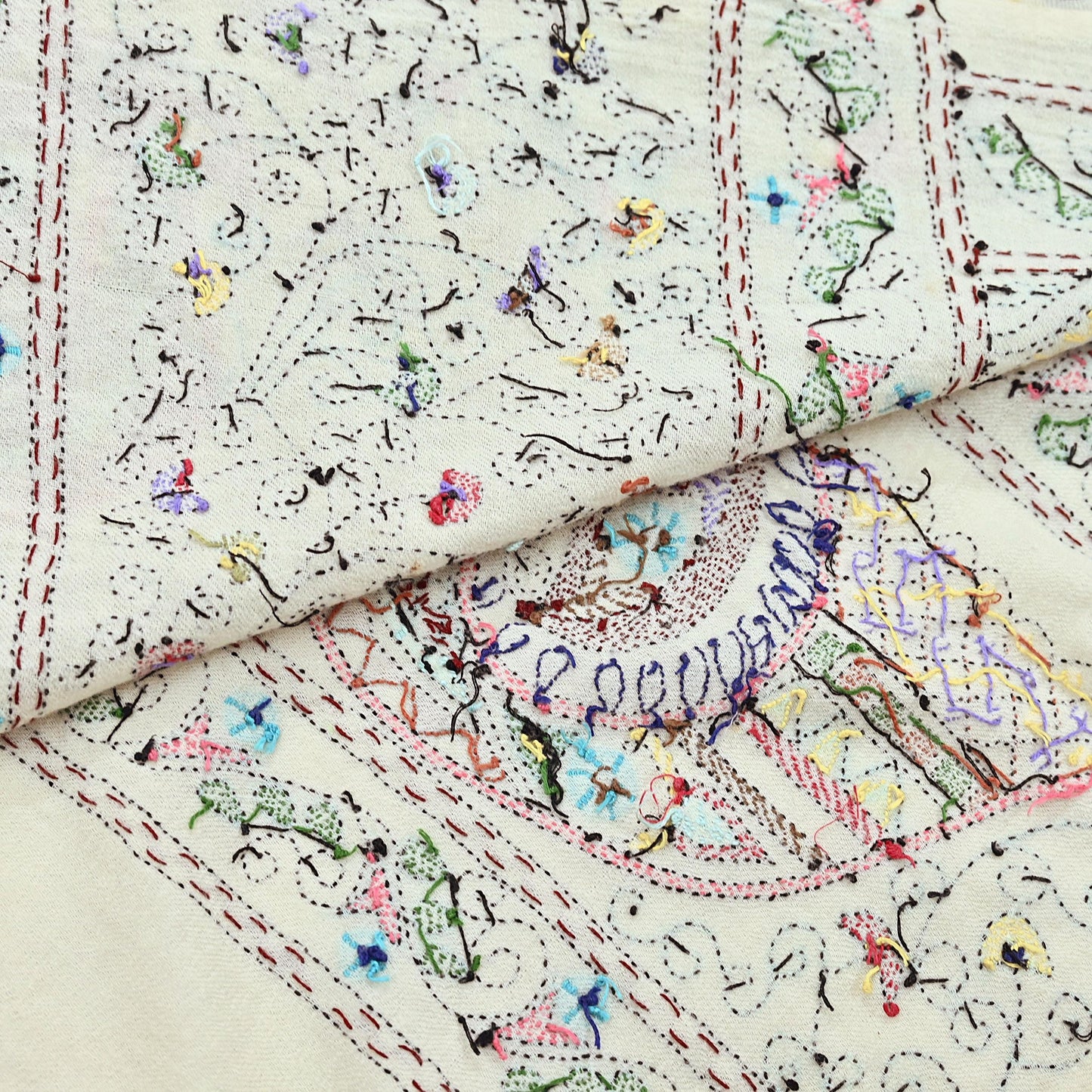 Vintage White Pure Woolen Shawl Handmade Embroidered Kantha Long Throw Stole Warm Stole ivory Floral Design