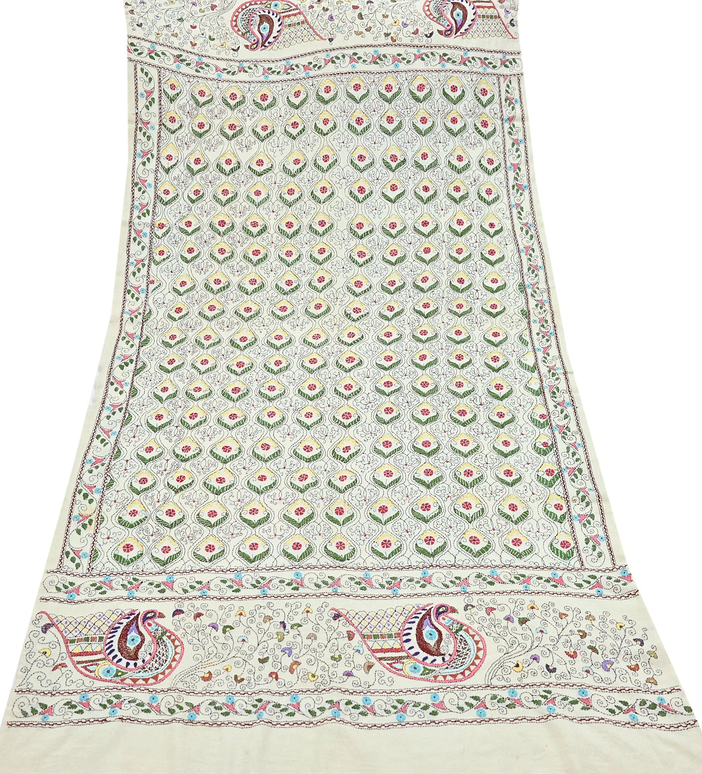 Vintage White Pure Woolen Shawl Handmade Embroidered Kantha Long Throw Stole Warm Stole ivory Floral Design