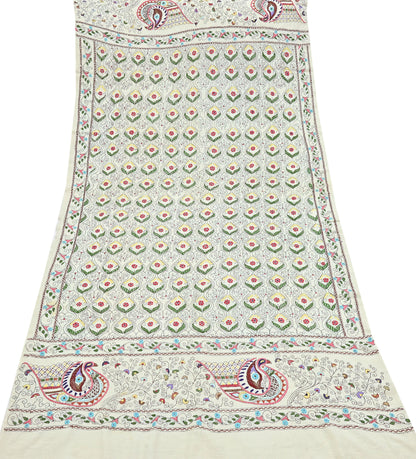 Vintage White Pure Woolen Shawl Handmade Embroidered Kantha Long Throw Stole Warm Stole ivory Floral Design