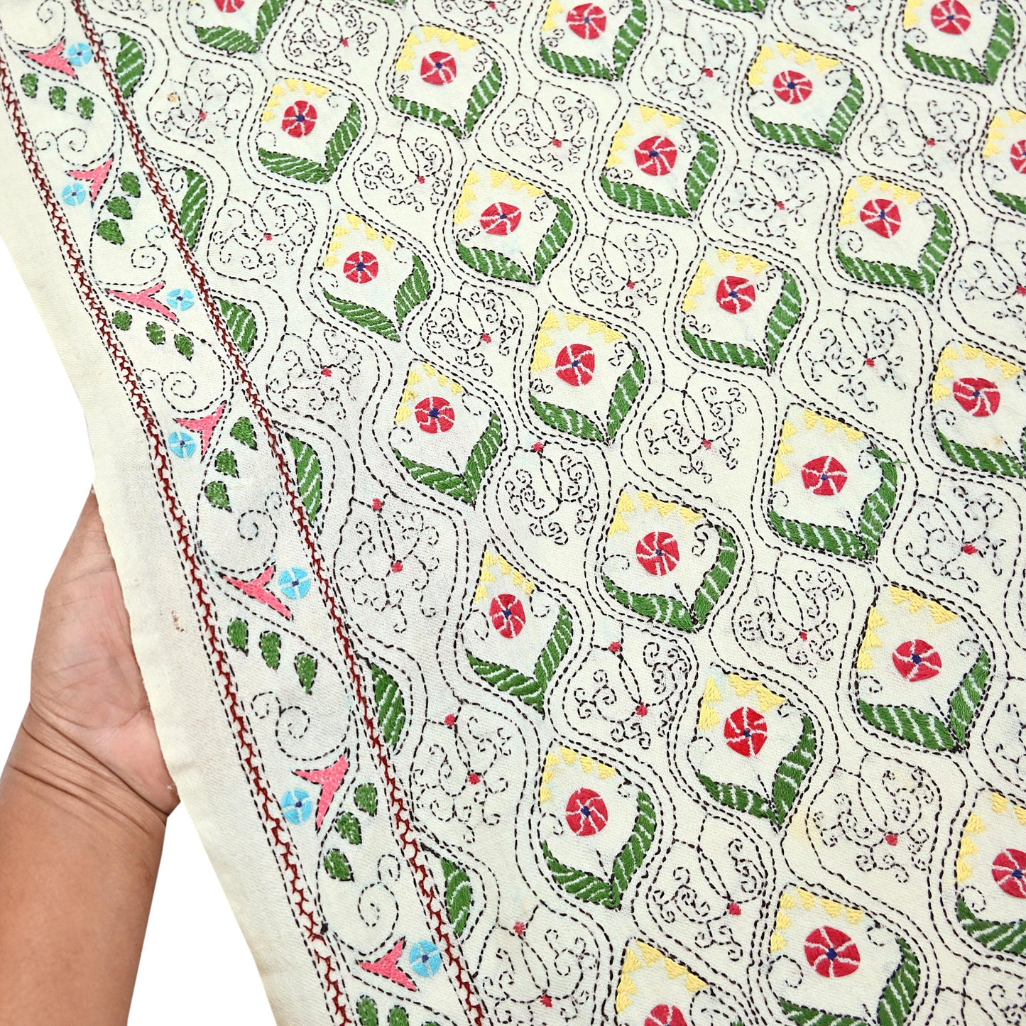 Vintage White Pure Woolen Shawl Handmade Embroidered Kantha Long Throw Stole Warm Stole ivory Floral Design