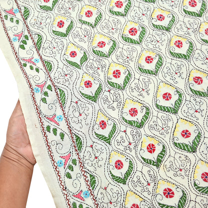 Vintage White Pure Woolen Shawl Handmade Embroidered Kantha Long Throw Stole Warm Stole ivory Floral Design