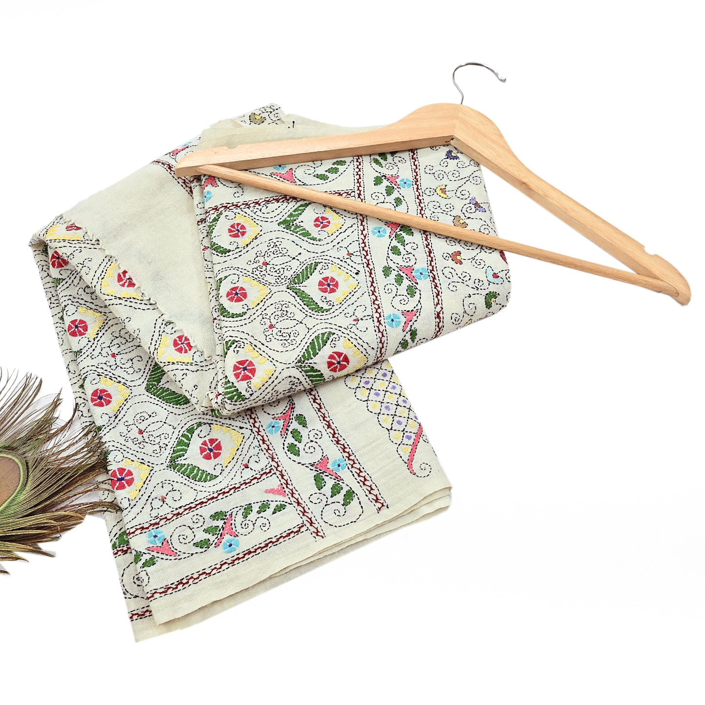 Vintage White Pure Woolen Shawl Handmade Embroidered Kantha Long Throw Stole Warm Stole ivory Floral Design