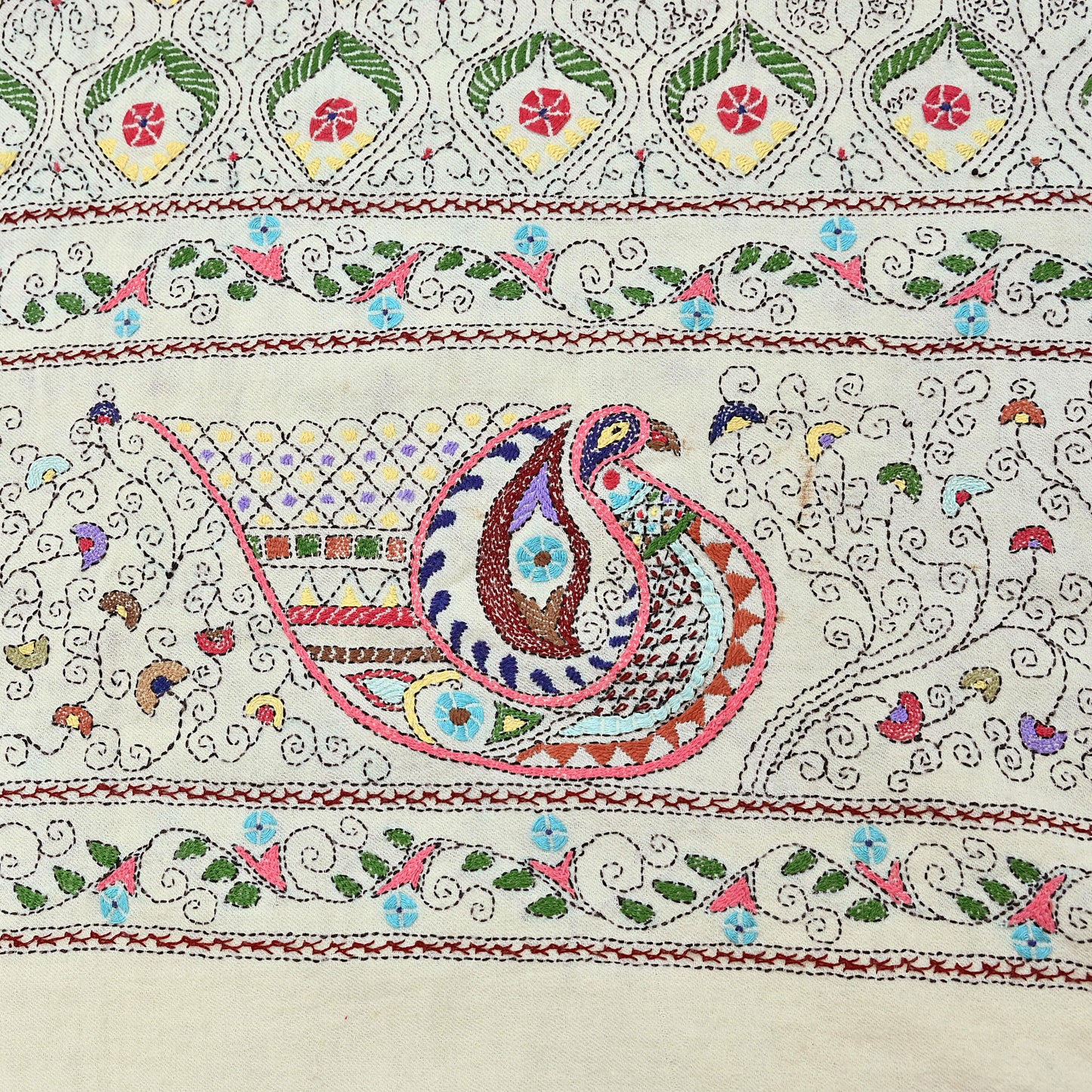 Vintage White Pure Woolen Shawl Handmade Embroidered Kantha Long Throw Stole Warm Stole ivory Floral Design