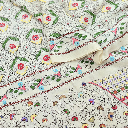 Vintage White Pure Woolen Shawl Handmade Embroidered Kantha Long Throw Stole Warm Stole ivory Floral Design