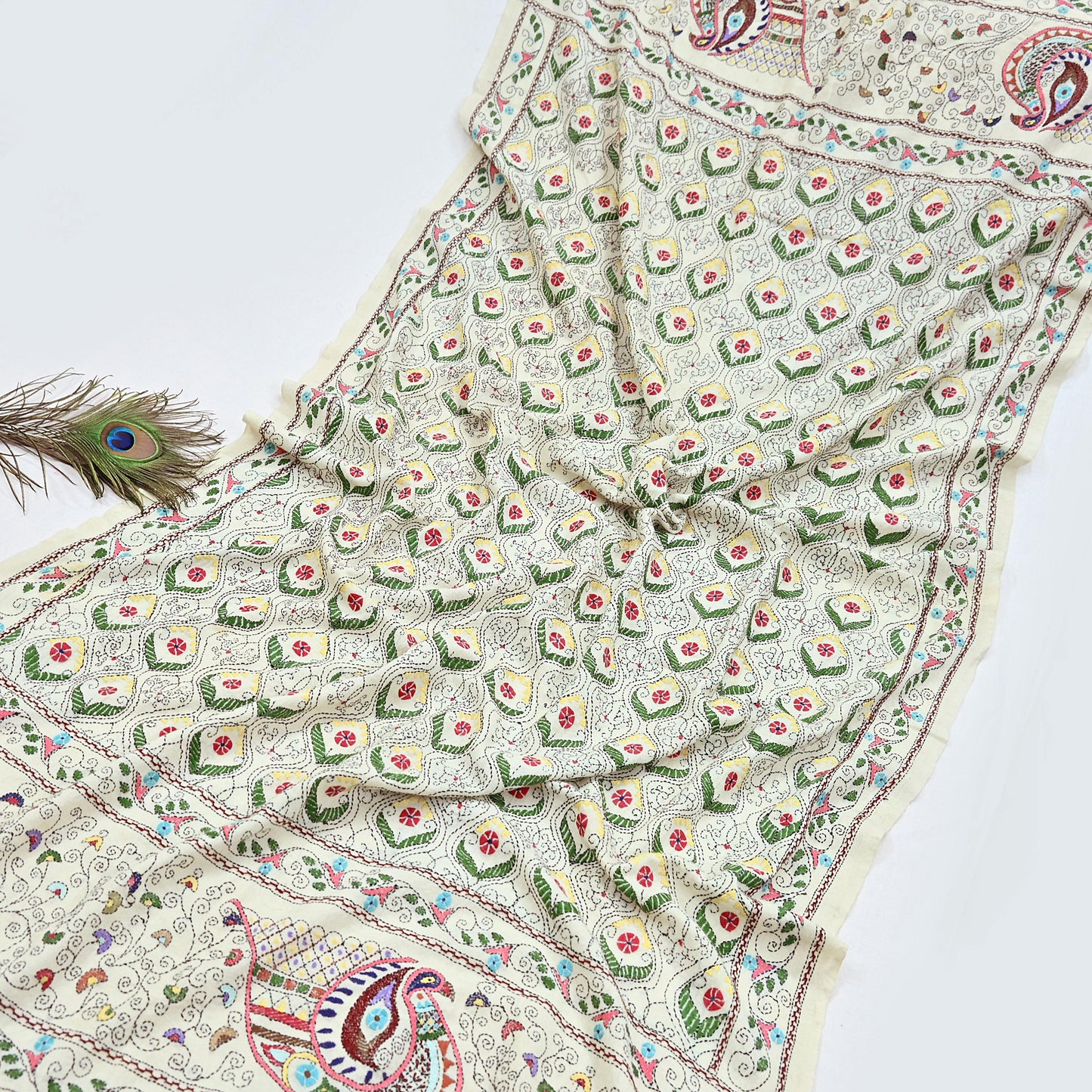 Vintage White Pure Woolen Shawl Handmade Embroidered Kantha Long Throw Stole Warm Stole ivory Floral Design