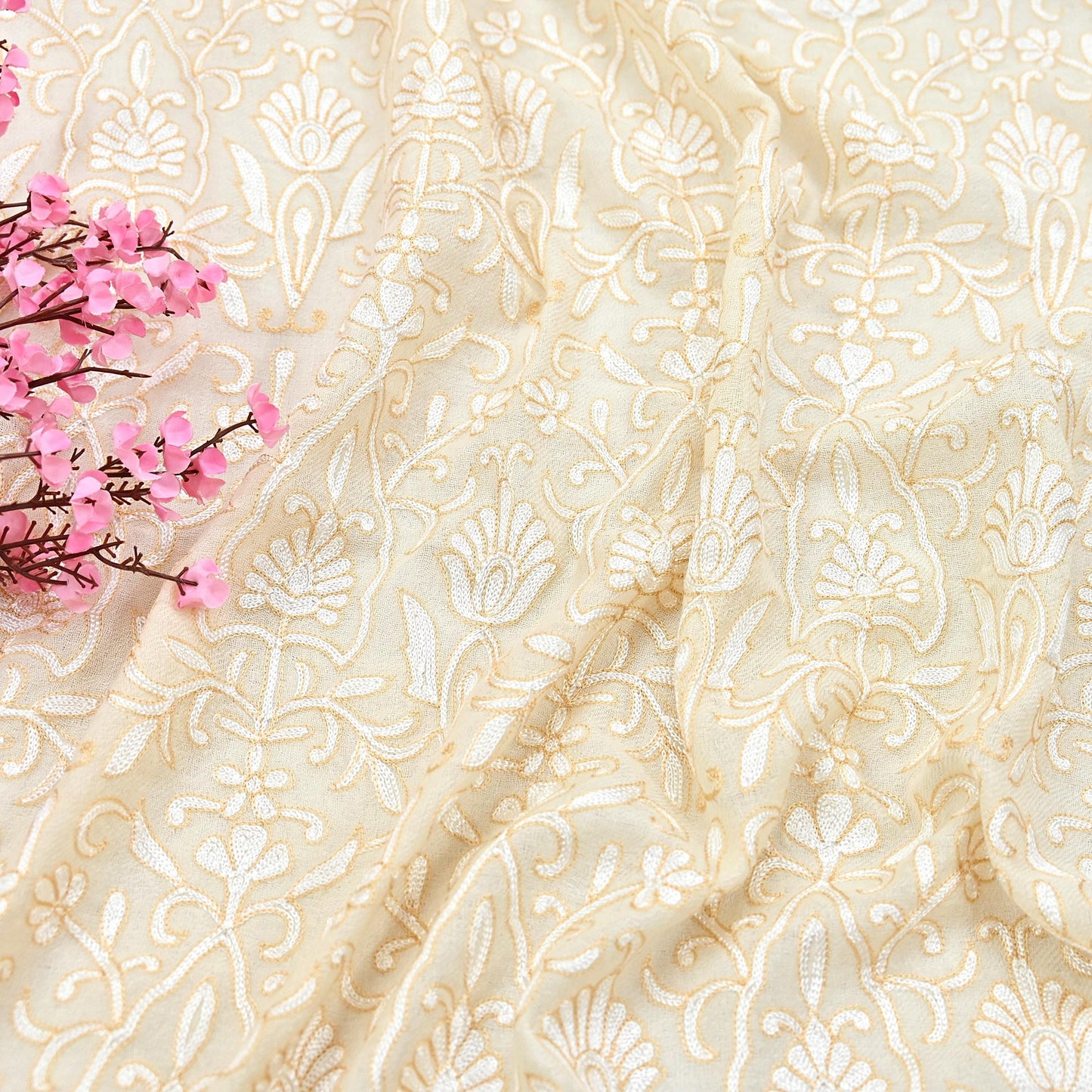 Indian Vintage Ivory Shawl Pure Pushmina Handmade Ari work Long Throw Stole Warm Paisley Design Soft Cozy
