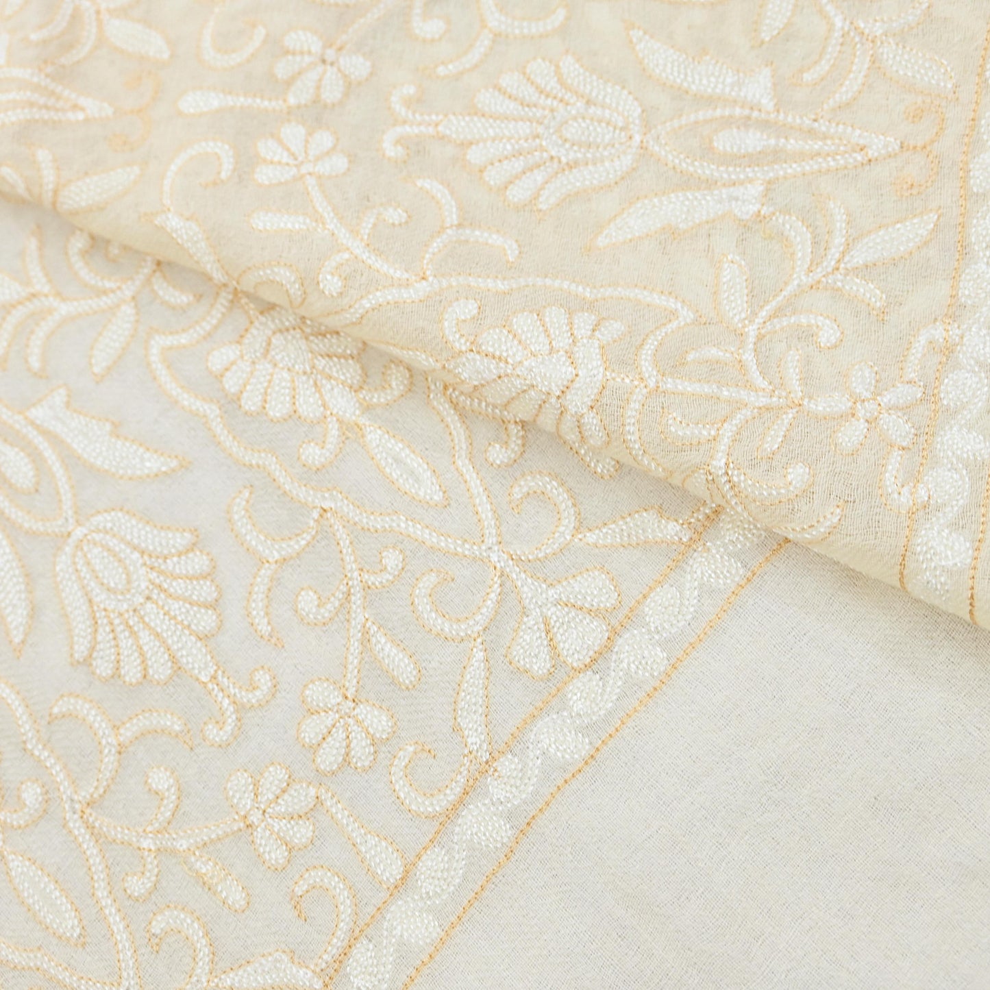 Indian Vintage Ivory Shawl Pure Pushmina Handmade Ari work Long Throw Stole Warm Paisley Design Soft Cozy