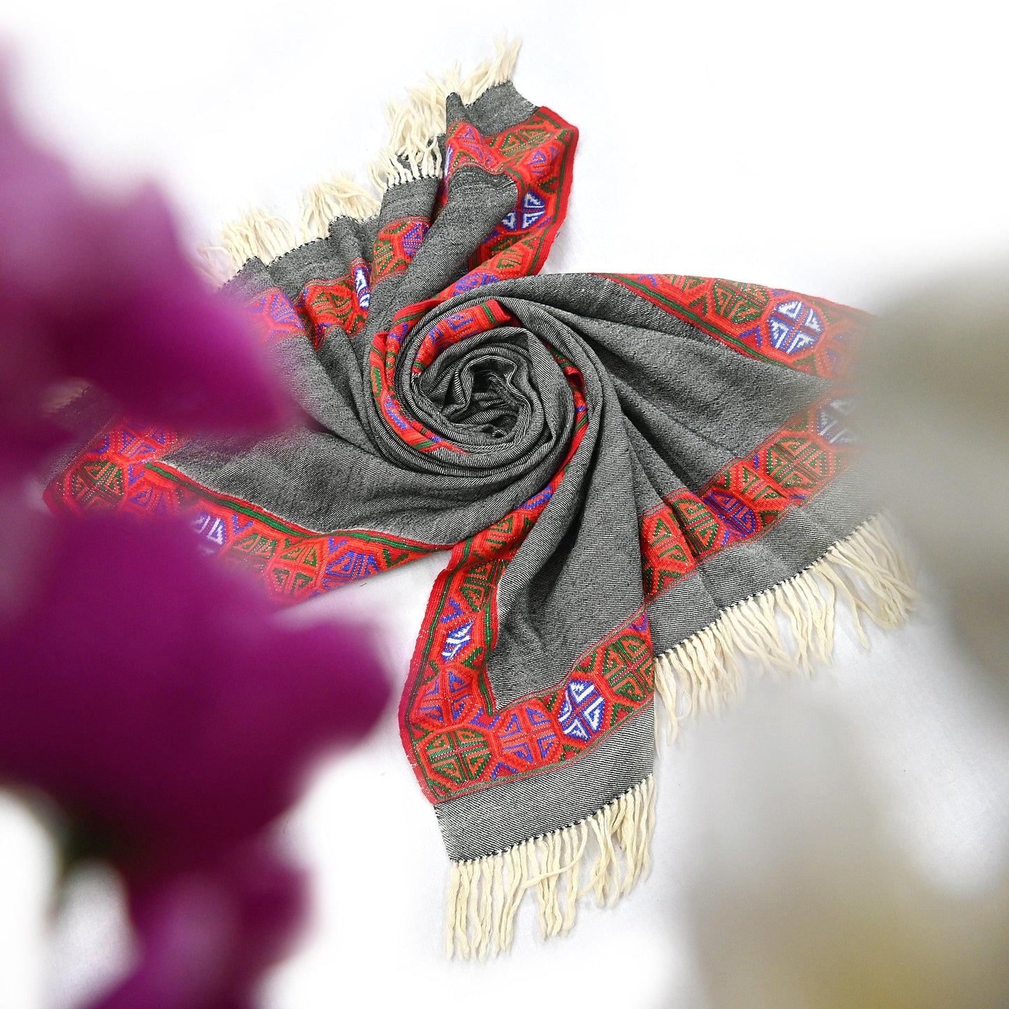 Vintage Black & Ivory Pure Woolen Naga Handwoven Shawl work Long Throw Stole Warm Stole Warm Fringes