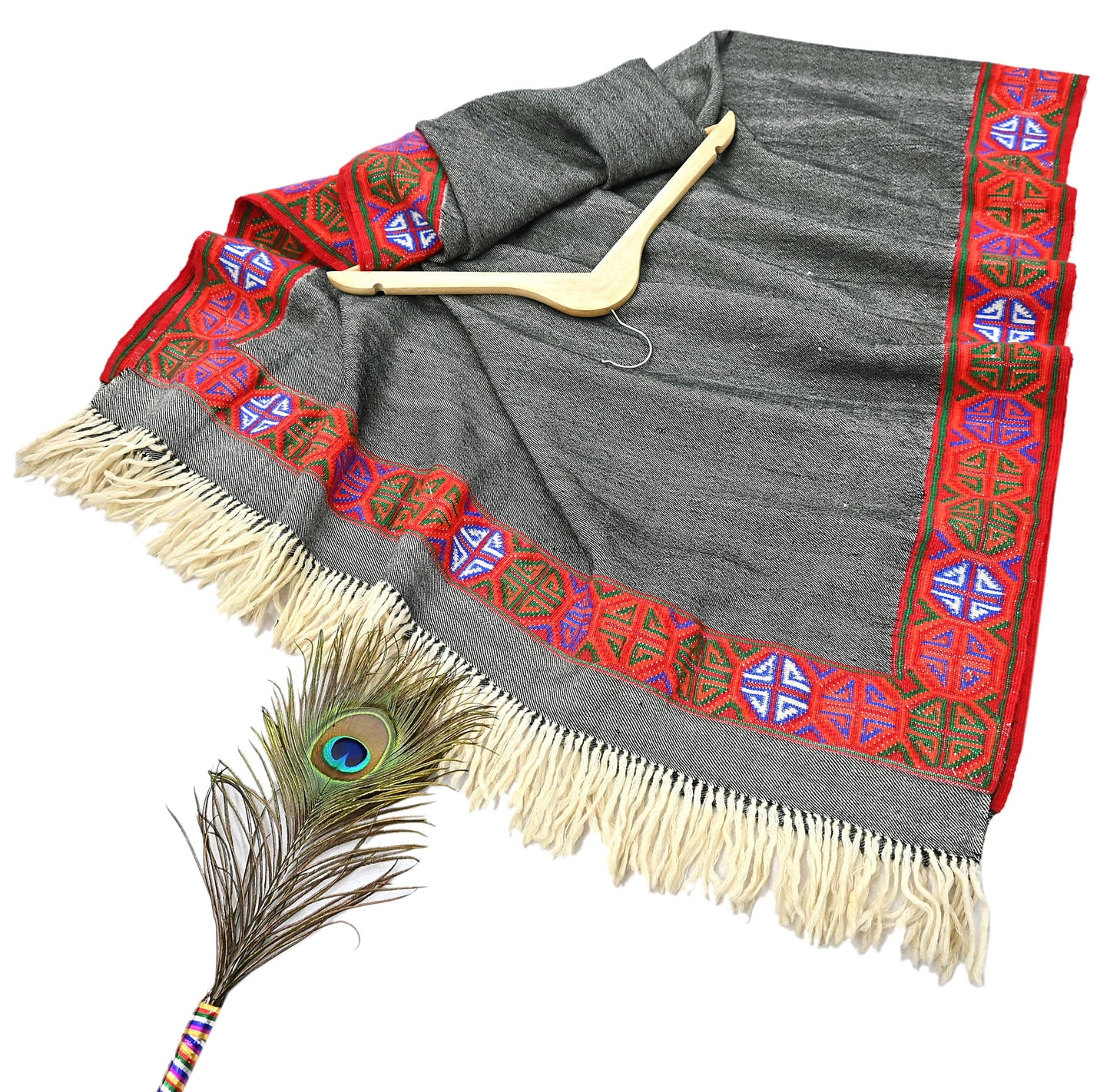 Vintage Black & Ivory Pure Woolen Naga Handwoven Shawl work Long Throw Stole Warm Stole Warm Fringes