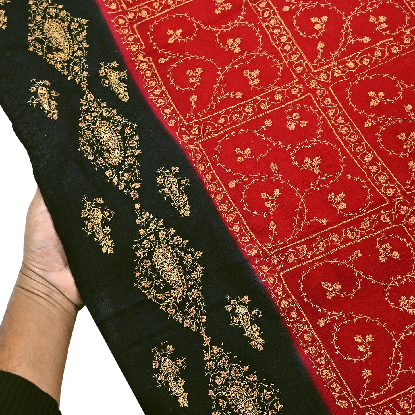 Vintage Black & Red Wool Shawl Hand-Embroidered Suzani Stole Pure Wool Wrap warm soft