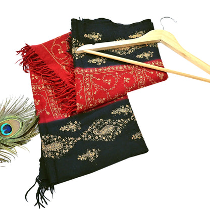 Vintage Black & Red Wool Shawl Hand-Embroidered Suzani Stole Pure Wool Wrap warm soft