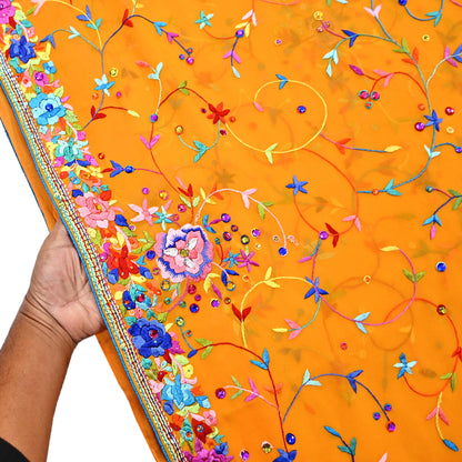 Indian Vintage Heavy Sari saffron Pure Georgette Silk Hand Embroidered Parsi Gara Sarees Craft Fabric 5Yd Sewing Dress making Wedding sari