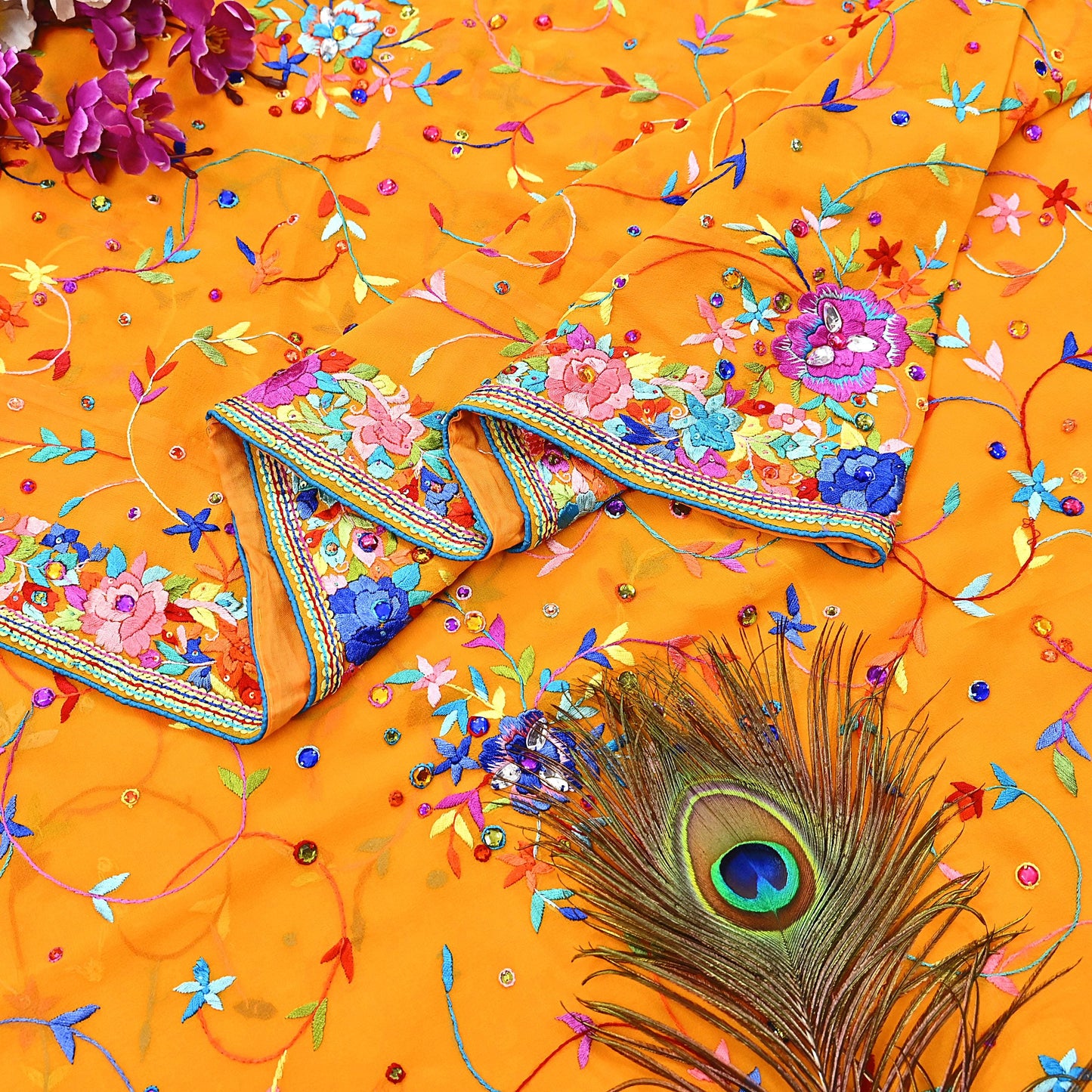 Indian Vintage Heavy Sari saffron Pure Georgette Silk Hand Embroidered Parsi Gara Sarees Craft Fabric 5Yd Sewing Dress making Wedding sari