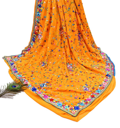 Indian Vintage Heavy Sari saffron Pure Georgette Silk Hand Embroidered Parsi Gara Sarees Craft Fabric 5Yd Sewing Dress making Wedding sari