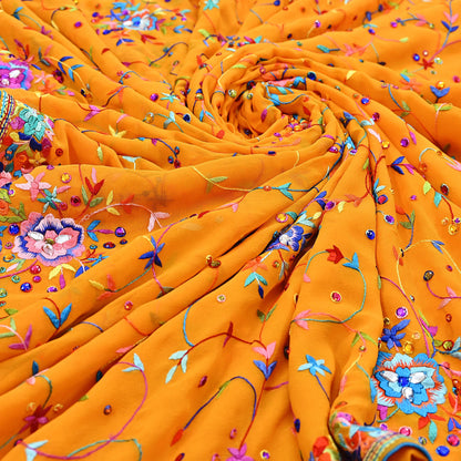 Indian Vintage Heavy Sari saffron Pure Georgette Silk Hand Embroidered Parsi Gara Sarees Craft Fabric 5Yd Sewing Dress making Wedding sari