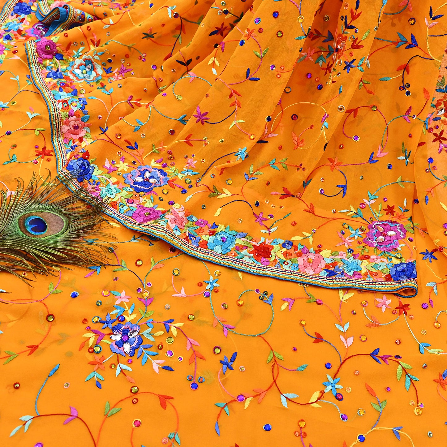 Indian Vintage Heavy Sari saffron Pure Georgette Silk Hand Embroidered Parsi Gara Sarees Craft Fabric 5Yd Sewing Dress making Wedding sari