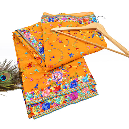 Indian Vintage Heavy Sari saffron Pure Georgette Silk Hand Embroidered Parsi Gara Sarees Craft Fabric 5Yd Sewing Dress making Wedding sari