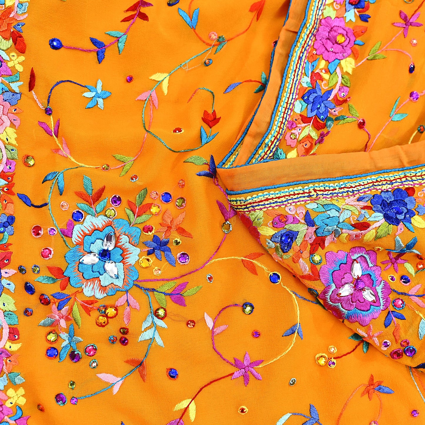 Indian Vintage Heavy Sari saffron Pure Georgette Silk Hand Embroidered Parsi Gara Sarees Craft Fabric 5Yd Sewing Dress making Wedding sari