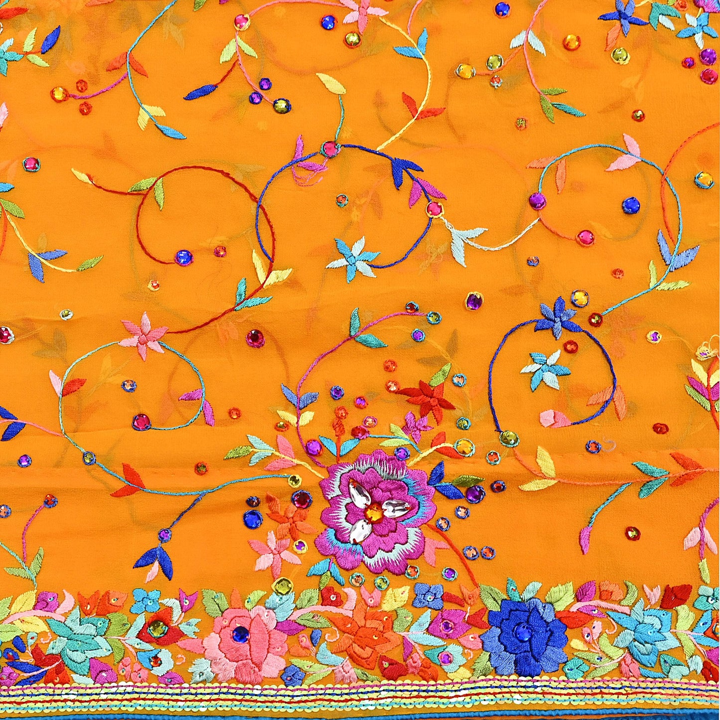 Indian Vintage Heavy Sari saffron Pure Georgette Silk Hand Embroidered Parsi Gara Sarees Craft Fabric 5Yd Sewing Dress making Wedding sari