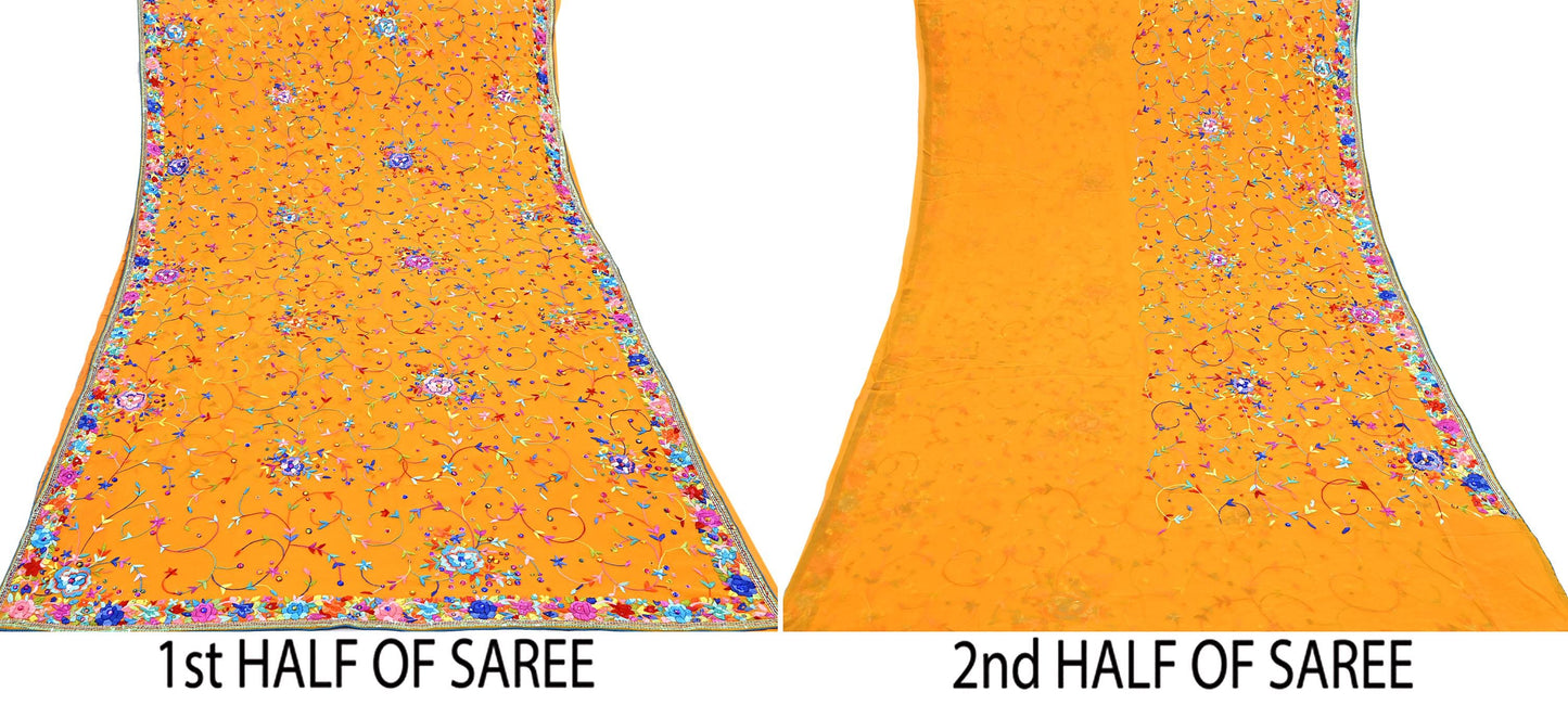 Indian Vintage Heavy Sari saffron Pure Georgette Silk Hand Embroidered Parsi Gara Sarees Craft Fabric 5Yd Sewing Dress making Wedding sari