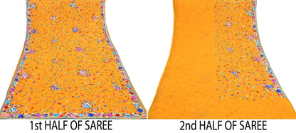 Indian Vintage Heavy Sari saffron Pure Georgette Silk Hand Embroidered Parsi Gara Sarees Craft Fabric 5Yd Sewing Dress making Wedding sari