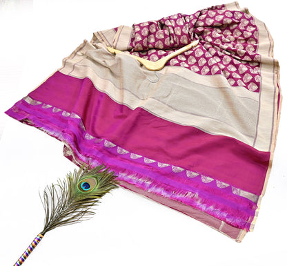 Indian Vintage Heavy Sari Purple & pink Hand Woven Sarees 100% Pure Silk Zari 5Yd Floral with Blouse fabric
