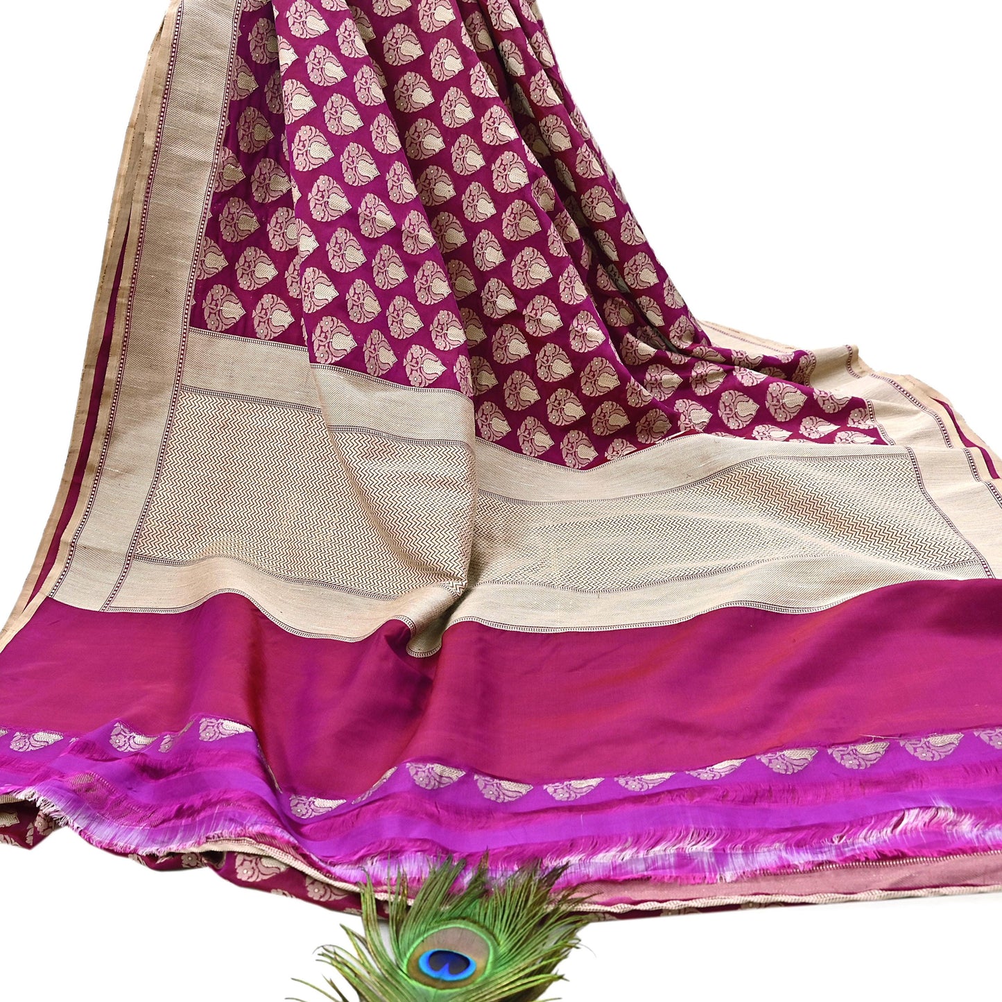 Indian Vintage Heavy Sari Purple & pink Hand Woven Sarees 100% Pure Silk Zari 5Yd Floral with Blouse fabric