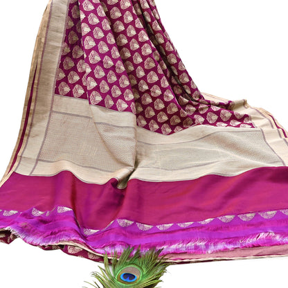 Indian Vintage Heavy Sari Purple & pink Hand Woven Sarees 100% Pure Silk Zari 5Yd Floral with Blouse fabric