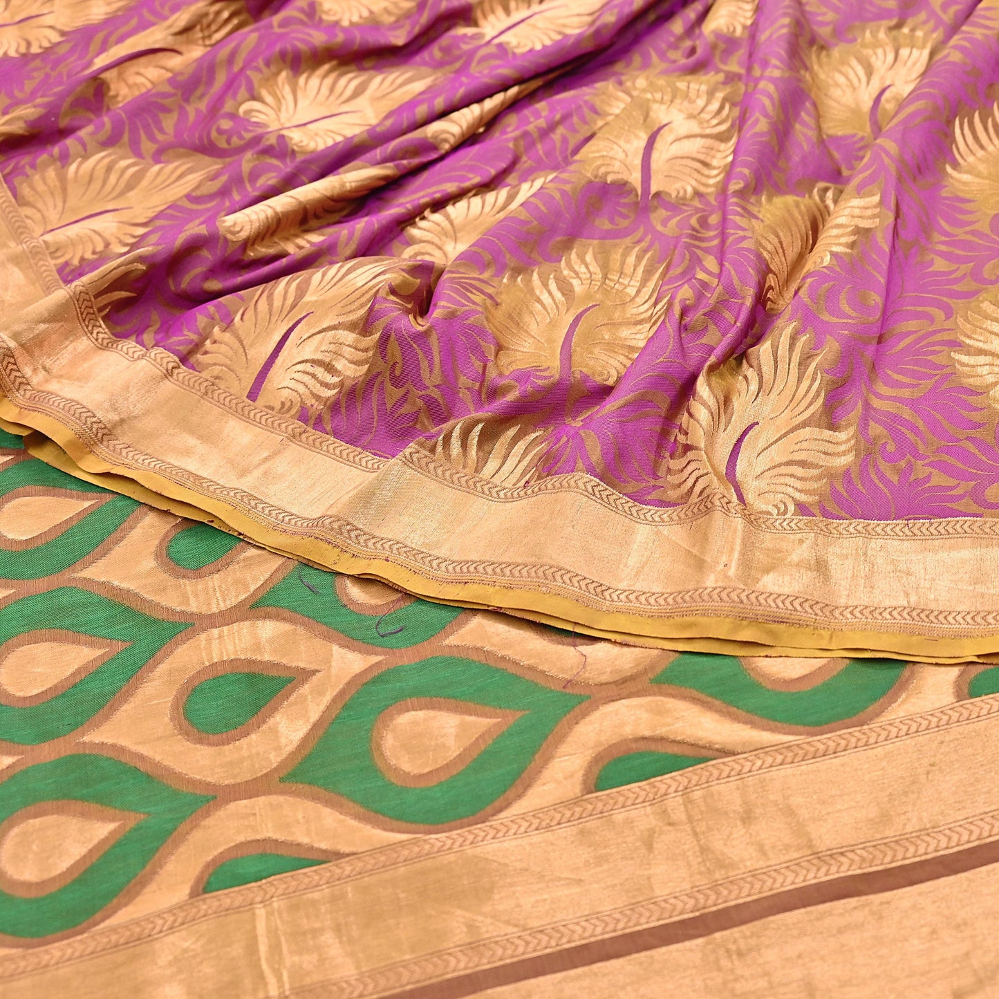 Indian Vintage Heavy Sari Purple & Saffron Hand Woven Sarees 100% Pure Silk Zari 5Yd Floral with Blouse fabric