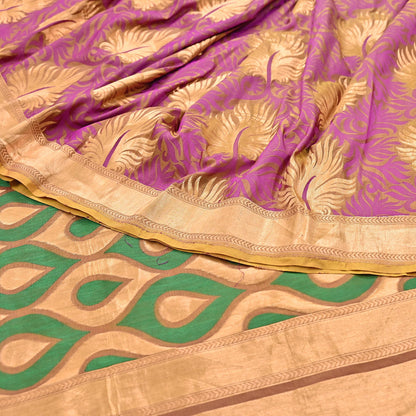 Indian Vintage Heavy Sari Purple & Saffron Hand Woven Sarees 100% Pure Silk Zari 5Yd Floral with Blouse fabric