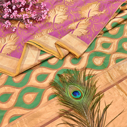 Indian Vintage Heavy Sari Purple & Saffron Hand Woven Sarees 100% Pure Silk Zari 5Yd Floral with Blouse fabric