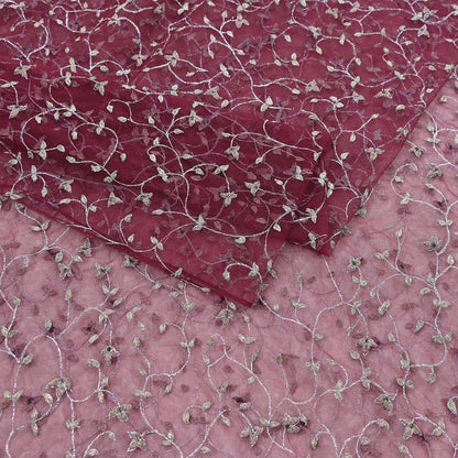 Indian Vintage Heavy Bridal Dupatta maroon Net Mesh Long Stole Hand Embroidered Scarves Golden Zari Wedding/Party Wear