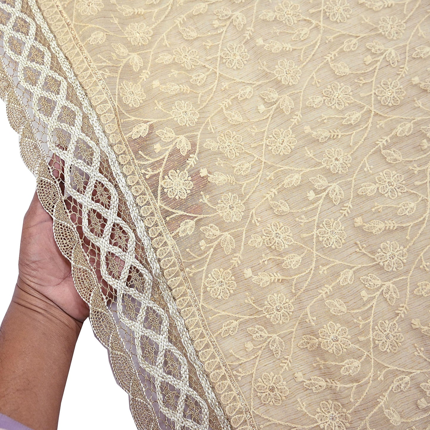Indian Vintage Heavy Beige Dupatta Organza Long Stole Hand Embroidered Scarves Zari Floral