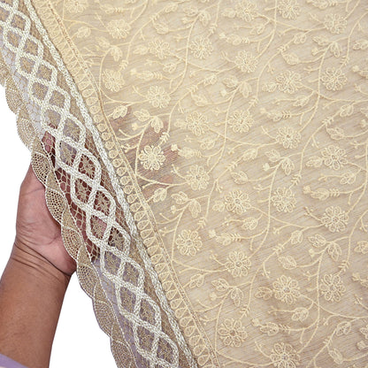 Indian Vintage Heavy Beige Dupatta Organza Long Stole Hand Embroidered Scarves Zari Floral