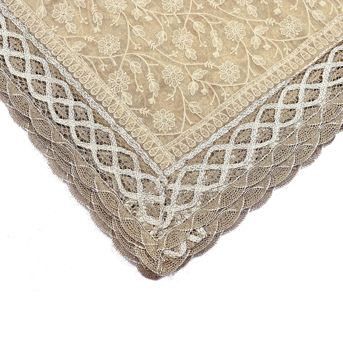 Indian Vintage Heavy Beige Dupatta Organza Long Stole Hand Embroidered Scarves Zari Floral