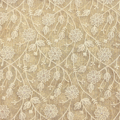 Indian Vintage Heavy Beige Dupatta Organza Long Stole Hand Embroidered Scarves Zari Floral
