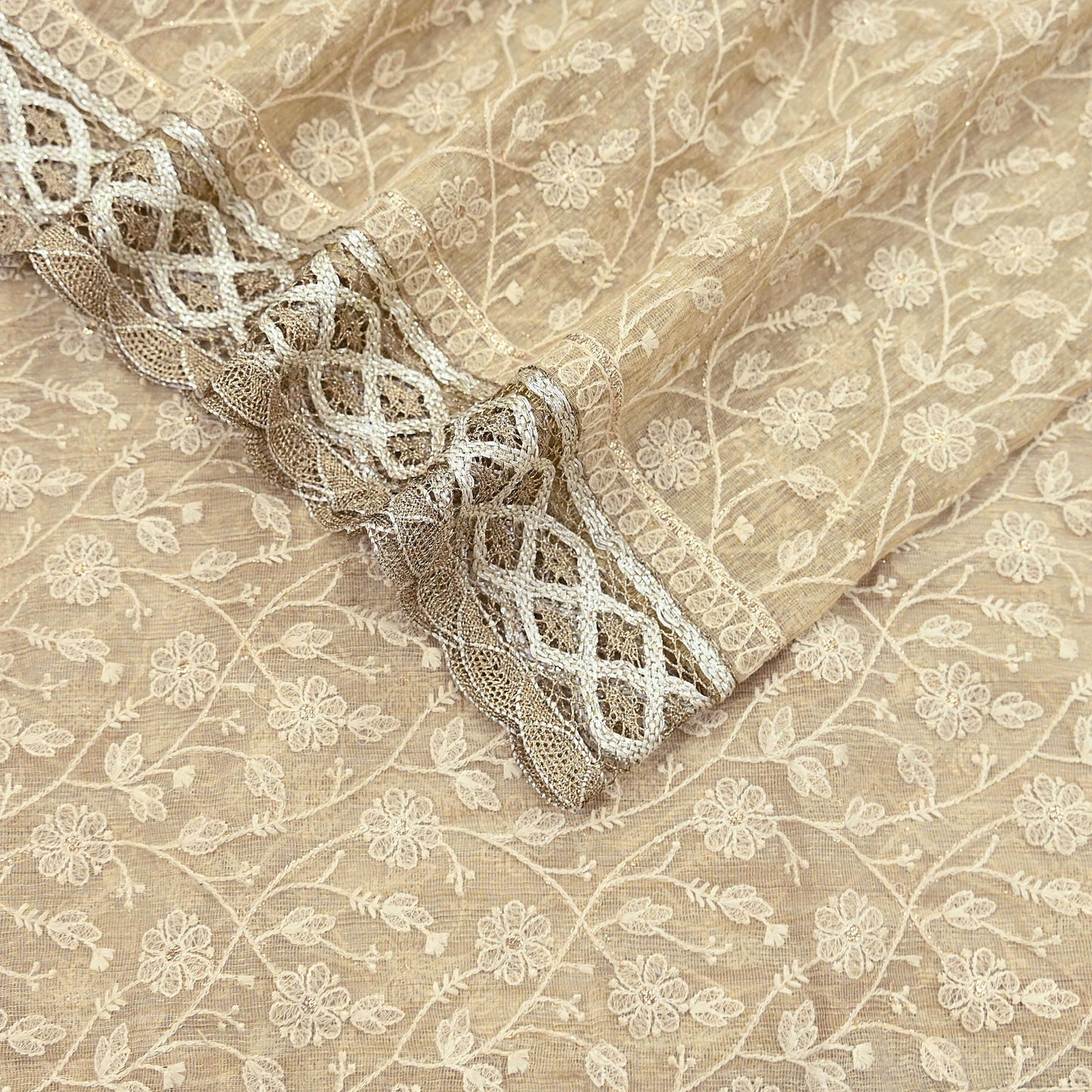 Indian Vintage Heavy Beige Dupatta Organza Long Stole Hand Embroidered Scarves Zari Floral