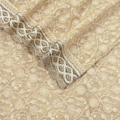 Indian Vintage Heavy Beige Dupatta Organza Long Stole Hand Embroidered Scarves Zari Floral