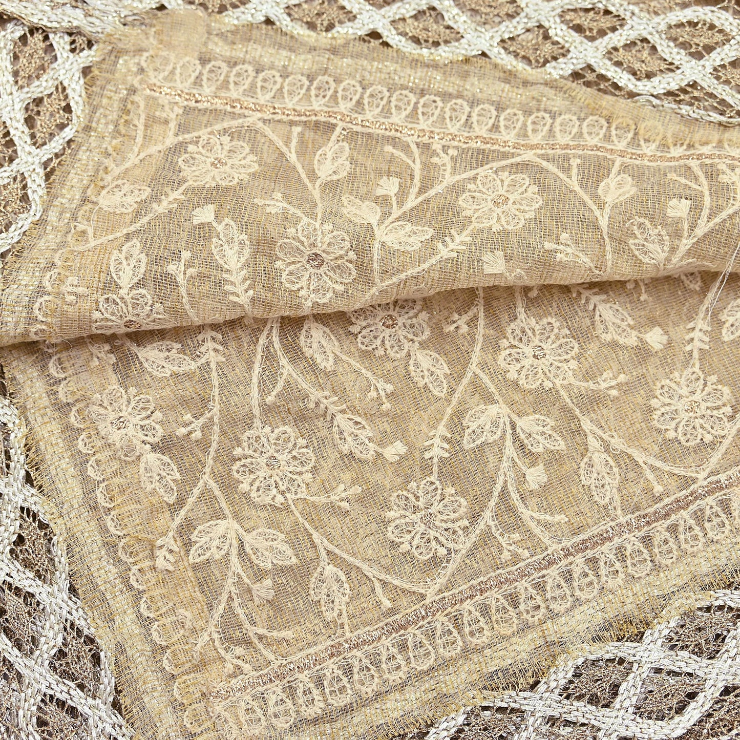 Indian Vintage Heavy Beige Dupatta Organza Long Stole Hand Embroidered Scarves Zari Floral