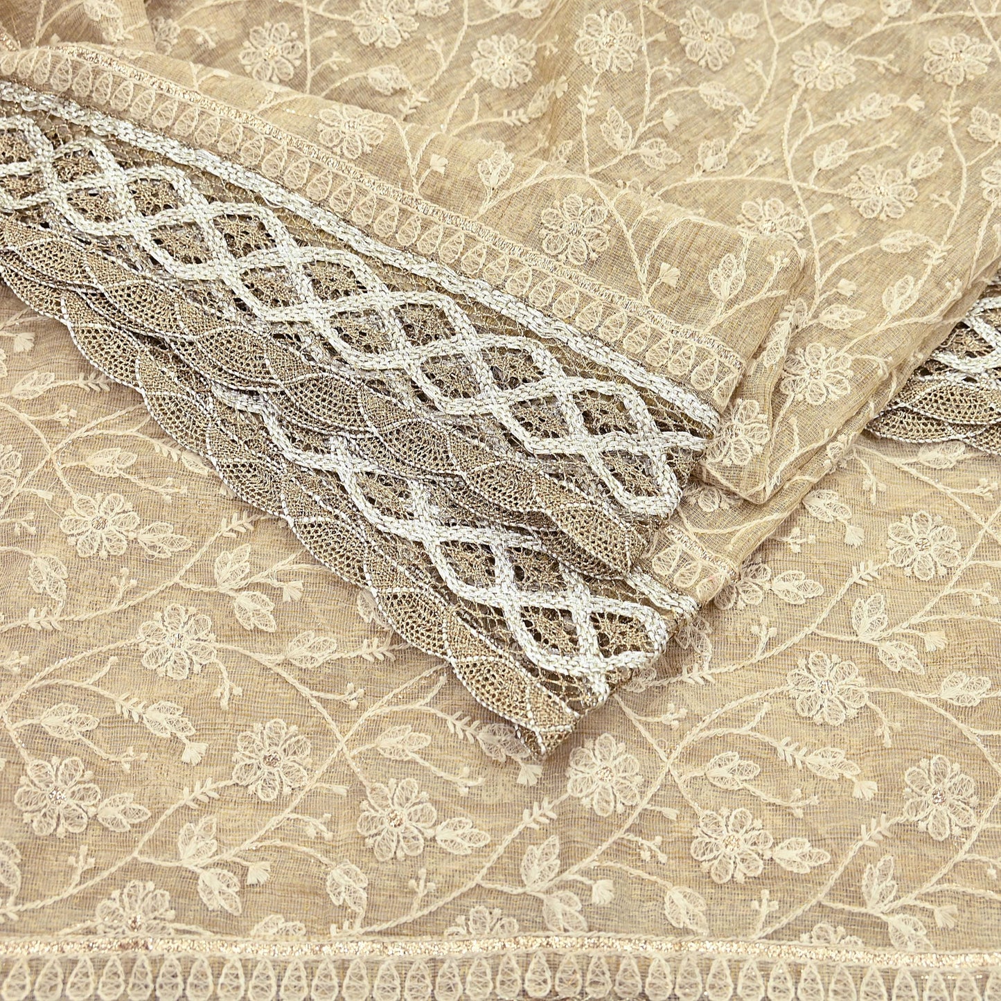 Indian Vintage Heavy Beige Dupatta Organza Long Stole Hand Embroidered Scarves Zari Floral