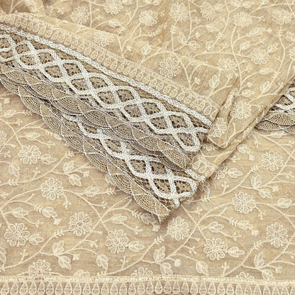 Indian Vintage Heavy Beige Dupatta Organza Long Stole Hand Embroidered Scarves Zari Floral
