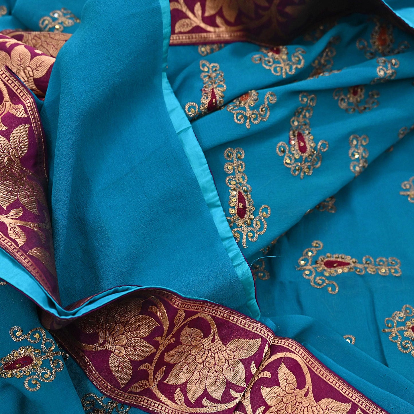 Indian Vintage Heavy Sarees Turquoise Pure Georgette Silk Hand Embroidered Sari Fabric 5Yd Sewing Ethnic zari with blouse fabric