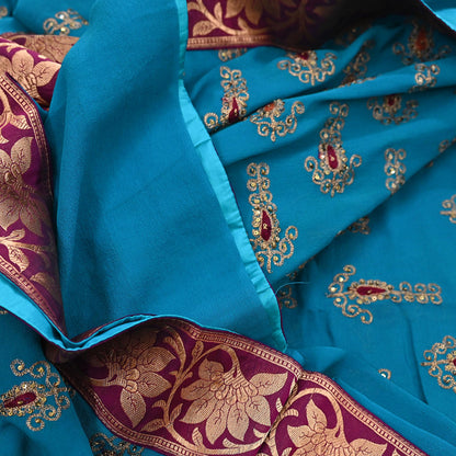 Indian Vintage Heavy Sarees Turquoise Pure Georgette Silk Hand Embroidered Sari Fabric 5Yd Sewing Ethnic zari with blouse fabric