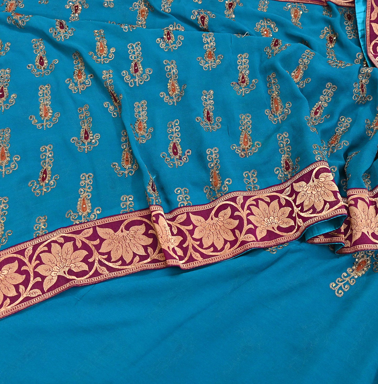 Indian Vintage Heavy Sarees Turquoise Pure Georgette Silk Hand Embroidered Sari Fabric 5Yd Sewing Ethnic zari with blouse fabric
