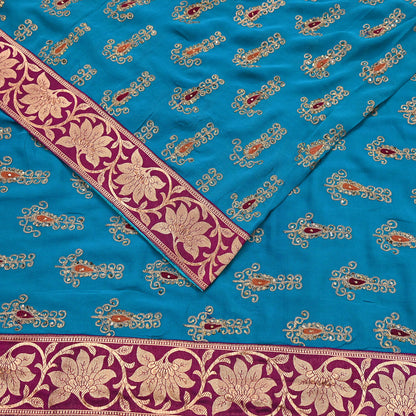 Indian Vintage Heavy Sarees Turquoise Pure Georgette Silk Hand Embroidered Sari Fabric 5Yd Sewing Ethnic zari with blouse fabric
