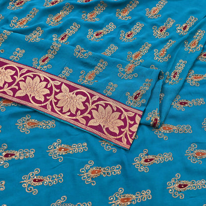 Indian Vintage Heavy Sarees Turquoise Pure Georgette Silk Hand Embroidered Sari Fabric 5Yd Sewing Ethnic zari with blouse fabric