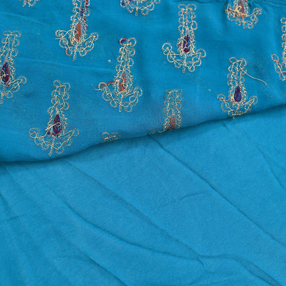 Indian Vintage Heavy Sarees Turquoise Pure Georgette Silk Hand Embroidered Sari Fabric 5Yd Sewing Ethnic zari with blouse fabric