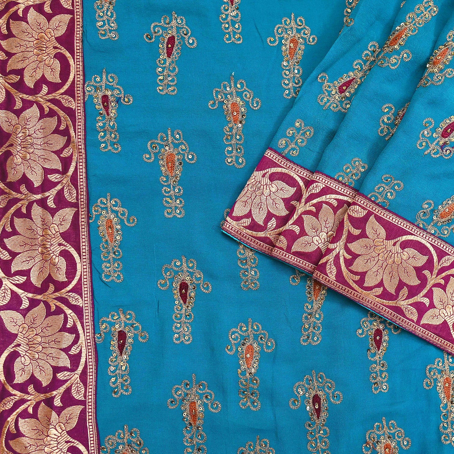 Indian Vintage Heavy Sarees Turquoise Pure Georgette Silk Hand Embroidered Sari Fabric 5Yd Sewing Ethnic zari with blouse fabric