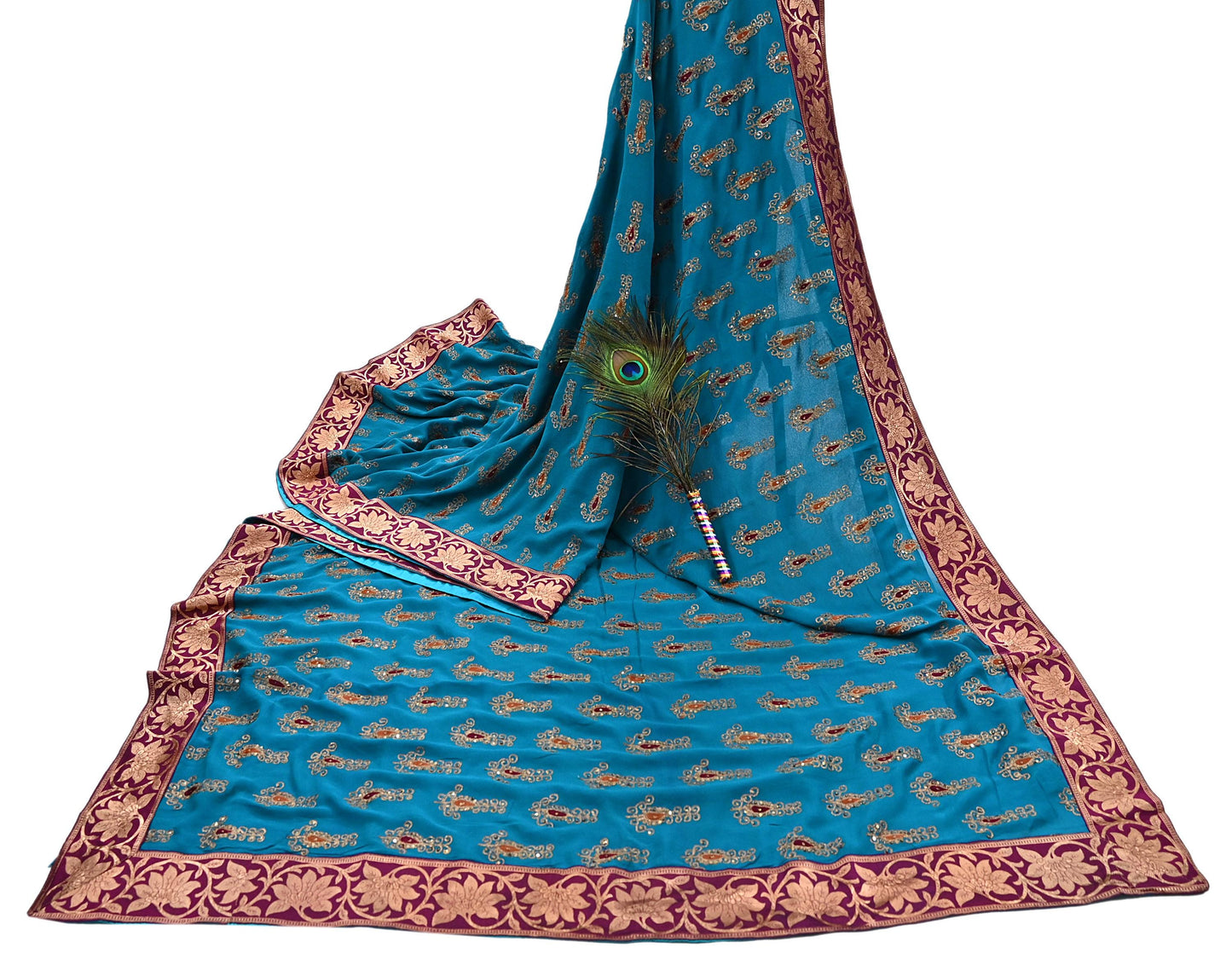 Indian Vintage Heavy Sarees Turquoise Pure Georgette Silk Hand Embroidered Sari Fabric 5Yd Sewing Ethnic zari with blouse fabric